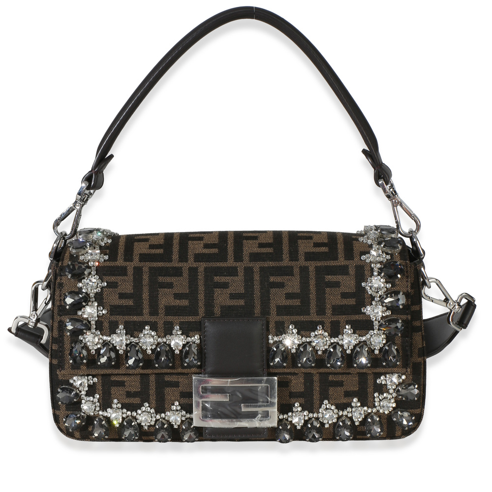 Fendi Brown FF Jacquard Strass Crystal Embellished Baguette Bag